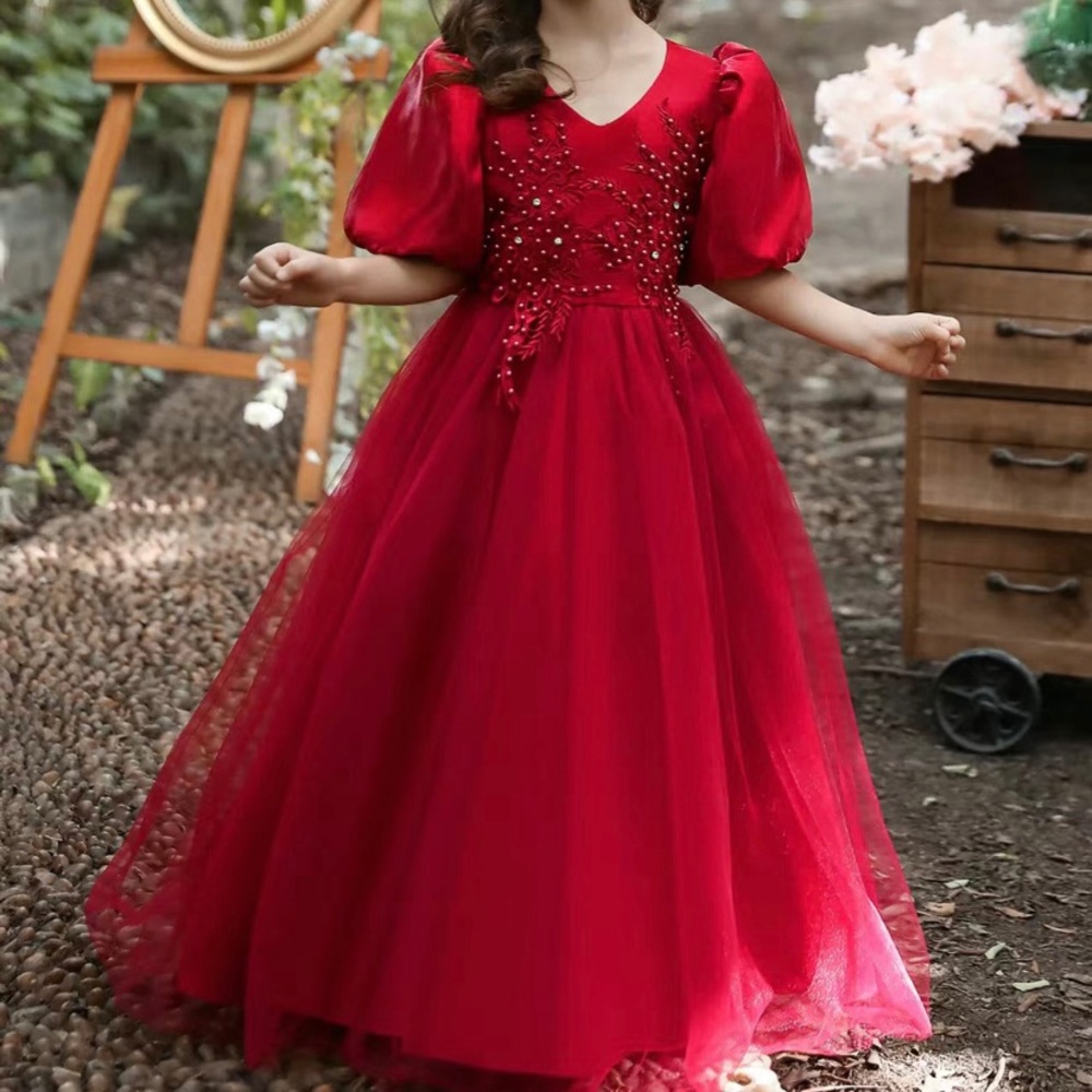 Formal dress Red long beaded embroidered princess wedding puff sleeve